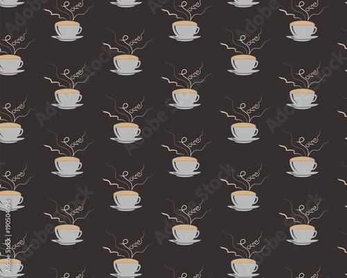 Seamless pattern with coffee cup with steming word love on brown cbackground. Coffee foam and steam. EPS 10 Vector illustration