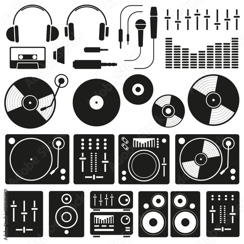Vector Music icon set on white background. Icons of Dj staff and any equipment set. Vector music technology and accessories objects elements collection design concept