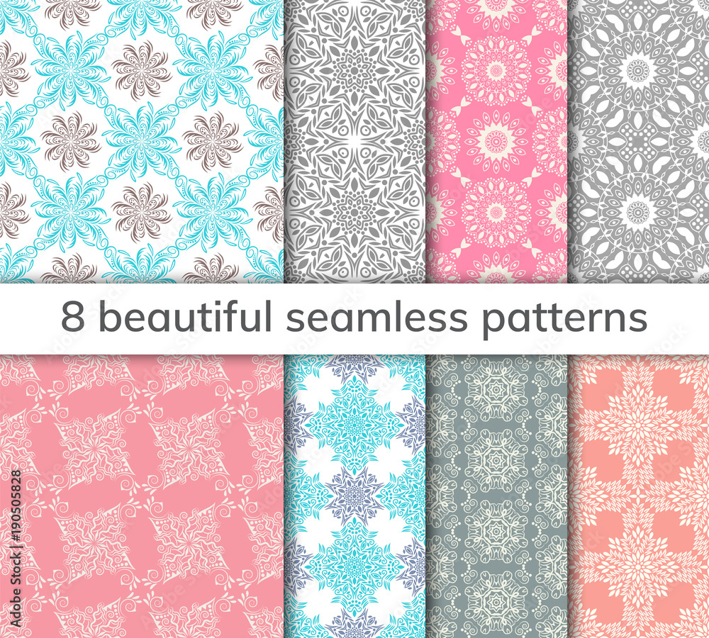 Set of 8 patterns. Collection arabic, indian, japanese, islamic motifs. Mandala seamless pattern. Set of 8 patterns. Collection arabic, indian, japanese, islamic motifs. Mandala seamless pattern.