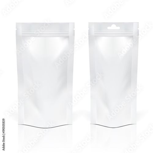 Two realistic foil food or drink pouches on white background