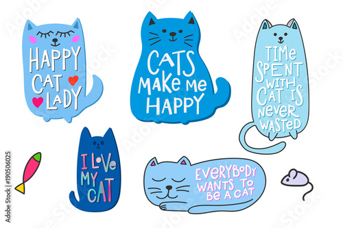 Happy crazy love cat lady people is all you need Life is getting too hard quote lettering. Calligraphy inspiration graphic design typography element. Hand written postcard. Cute simple vector sign.