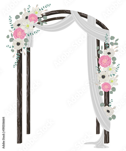 Beautiful wedding arch with flowers, leaves and branches. Vintage floral design. Vector illustration in watercolor style