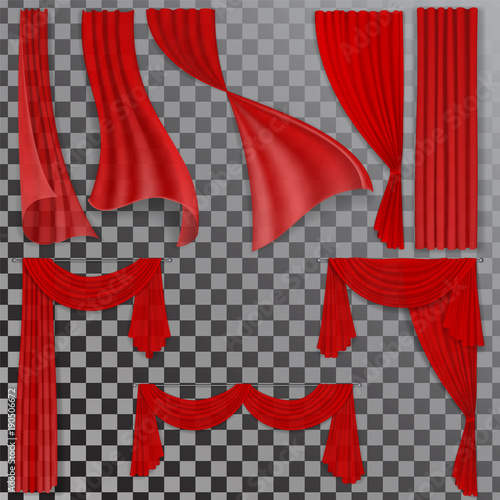 Set of realistic red transparent curtains. Element of the interior decor in the classic luxury style. Isolated on transparent background. Background for the stage of the theater.