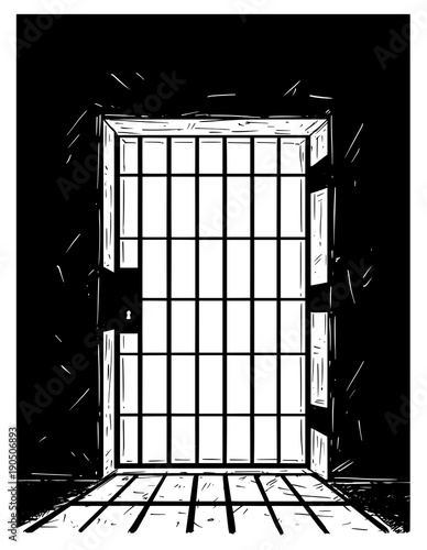 Cartoon vector doodle drawing illustration of prison or jail door made from iron bars casting shadow.