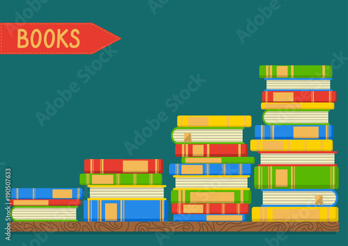 Stacks of books on teal background. Knowledge, education, studying background. Vector illustration with place for your text.
