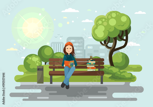 Young woman reading books outdoor on the bench in spring city park. Education, reading, studying vector illustration.