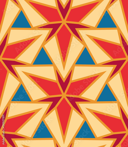 Seamless pattern morrocan ornament. Carpet textile print. Islamic vector design. Oriental background with geometric flowers. Hexagonal trefoil swatch. Stained glass vitrage.