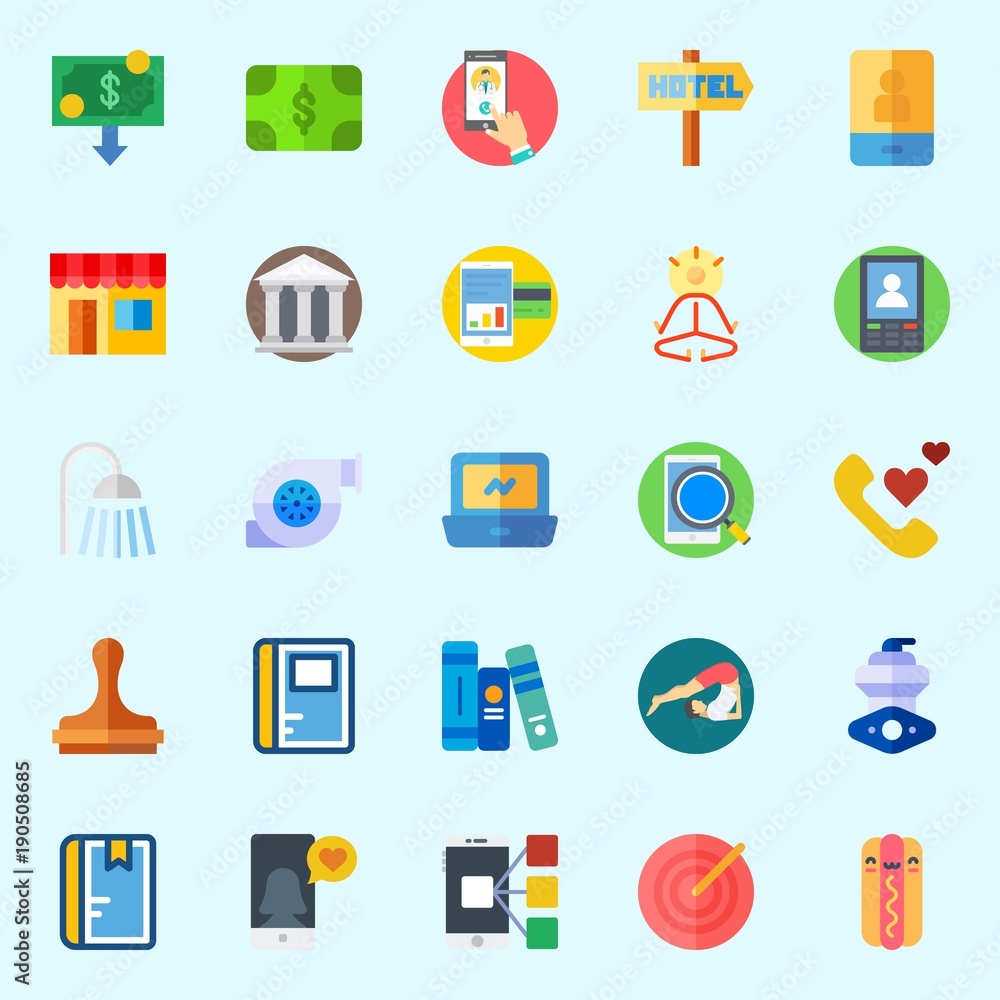 Icons set about Lifestyle with hotel, phone call, notebook, laptop, yoga and book Icons set about Lifestyle with hotel, phone call, notebook, laptop, yoga and book