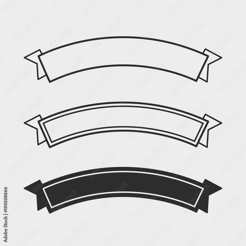 Black And Outline Flat Ribbons. Set Of Three Minimalistic Flat Black 