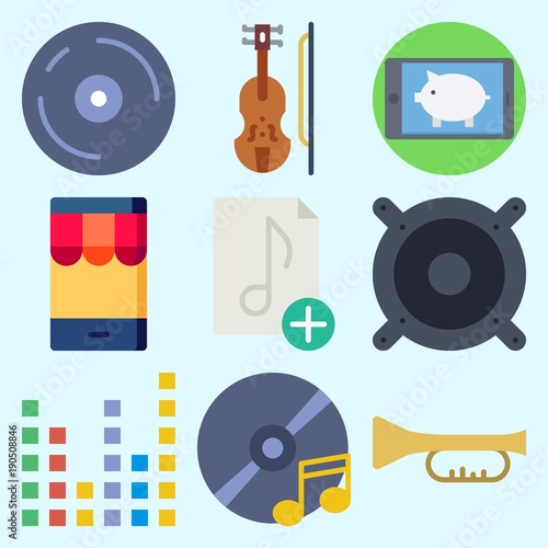 Icons set about Music with compact disc, smartphone, violin, trumpet, sound bars and announcer