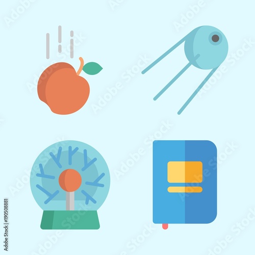 Icons about Science with gravity, plasma ball, sputnik and notebook