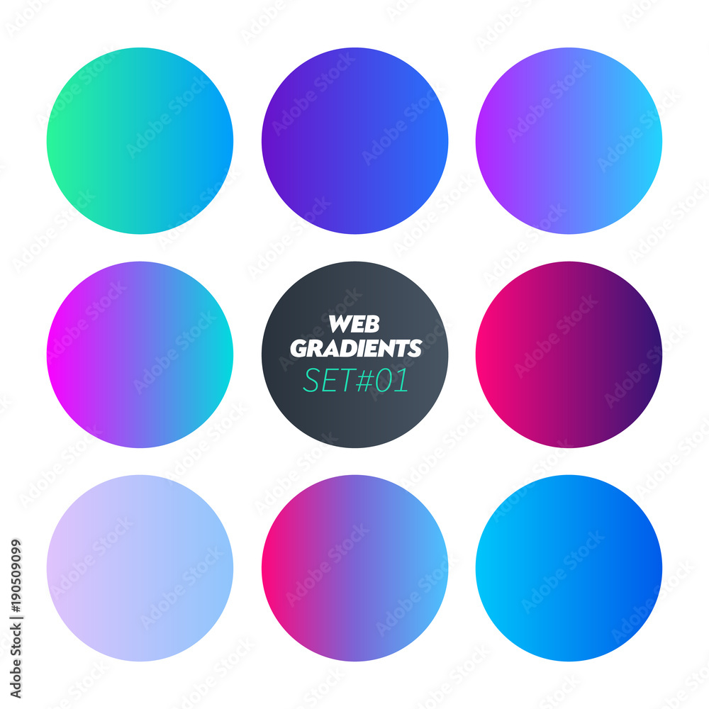 Round Gradients Set with Modern Abstract Backgrounds. Trendy and Modern Colors Gradient for Website. Circle Gradients Set for Web, Screens, Mobile App UI and UX Design. Colorful Flat Neon Palette.