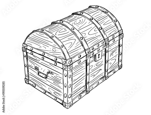 Cartoon vector doodle drawing illustration of old wooden closed and locked pirate treasure chest or trunk. Business concept of security,secret and treasure.