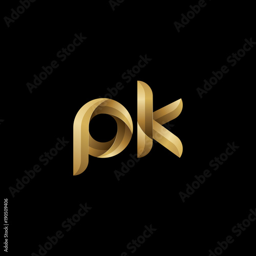 Initial lowercase letter pk, swirl curve rounded logo, elegant golden color on black background