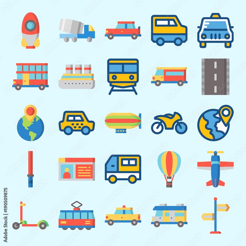 Icons set about Transportation with train, direction sing, plane, tram, taxi and road Icons set about Transportation with train, direction sing, plane, tram, taxi and road