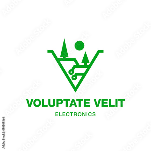 Circuit and valley abstract minimalistic icon. Electronic valley with trees and mountains in the letter V. Logo template for the business card, branding and corporate identity.