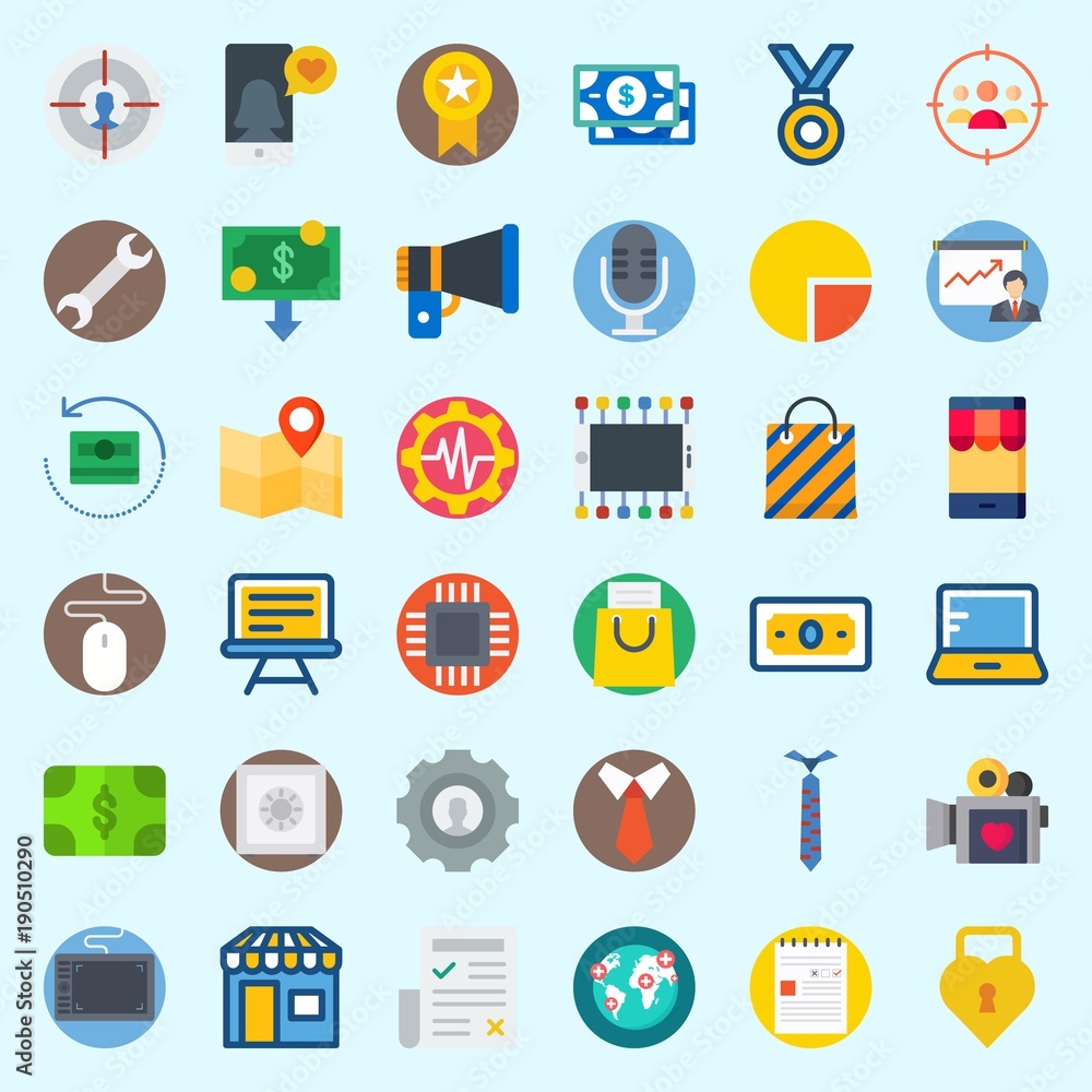 Icons about Digital Marketing with microchip, pie chart, shop, money, newspaper and settings Icons about Digital Marketing with microchip, pie chart, shop, money, newspaper and settings