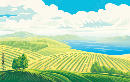 Rural landscape with a beautiful view of distant fields and lake or sea. Vector illustration.