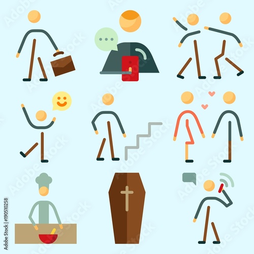 Icons set about Human with boyfriend , chief, calling, cooker, happy man and stairs