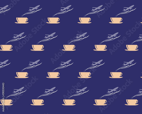 Seamless pattern with steaming coffee cup and airplane on dark blue background. Drink and travel symbols. Airport  flight  world  travel  trip  holiday. Vector EPS 10 illustration