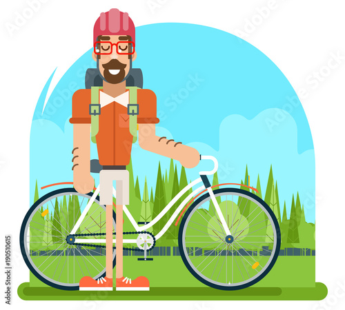 Forest Ride Bicycle Geek Hipster ycling Travel Nature Lifestyle Concept Planning Summer Vacation Tourism Journey Symbol Man Bike Flat Design Template Vector Illustration photo