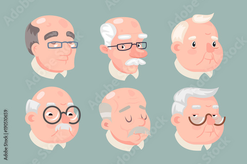 Grandfather Adult Old Man Characters Icons Set Cartoon Design Concept Vector Illustration