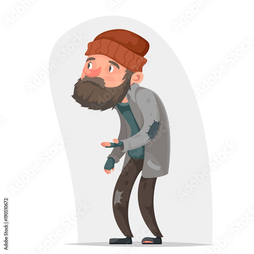 Homeless Bum Poor Male Character Beg Help Money Hand Isolated Icon Cartoon Design Vector Illustration