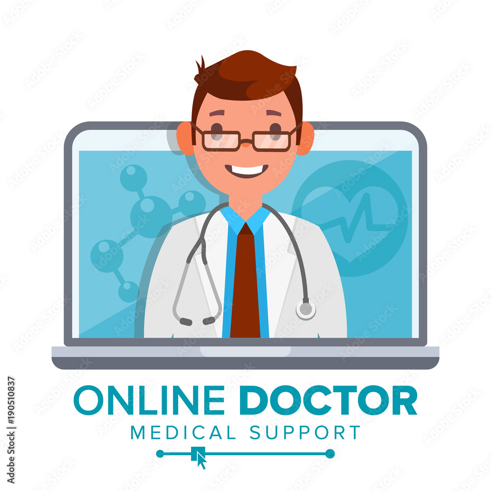Online Doctor Man Vector. Medical Consultation Concept Design. Male Look Out Laptop. Online Medicine Support. Isolated Flat Illustration Online Doctor Man Vector. Medical Consultation Concept Design. Male Look Out Laptop. Online Medicine Support. Isolated Flat Illustration