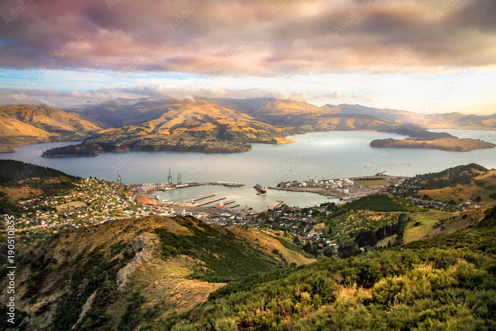 Lyttelton harbor and Christchurch at sunset, New Zealand