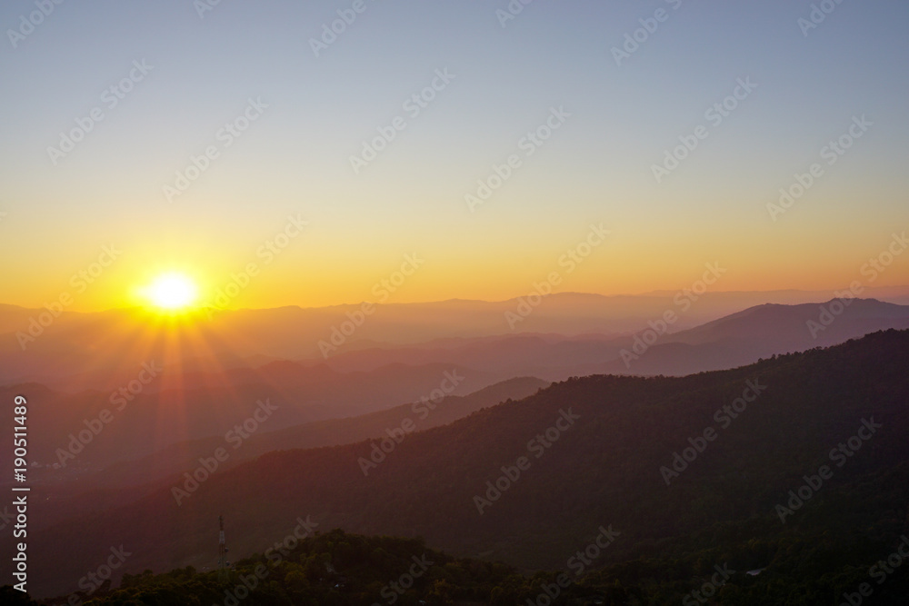 Sunset in the mountains at Doi Pui View Point, Chiang Mai, Thailand