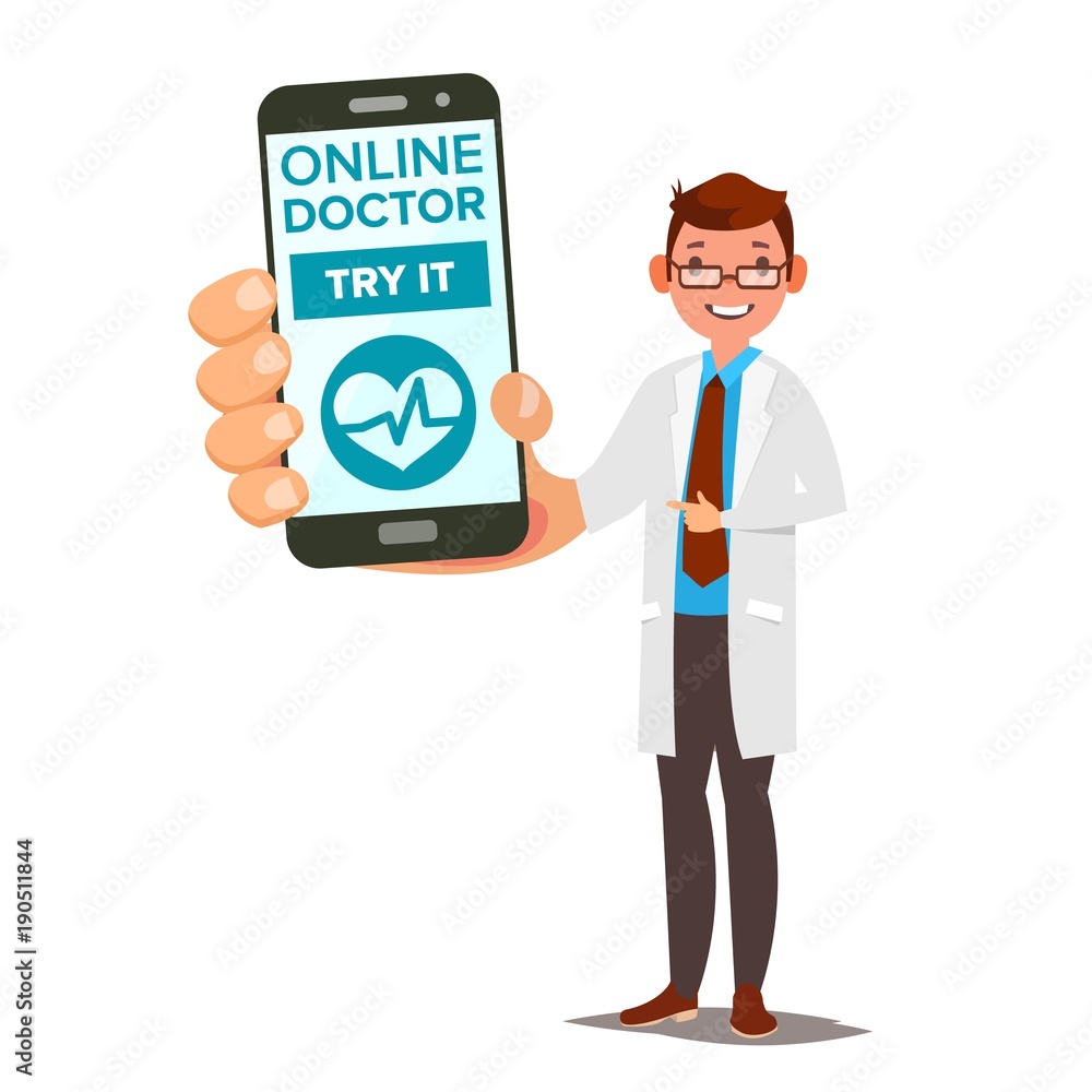 Online Doctor Mobile Service Vector. Man Holding Smartphone With Online Consultation On Screen. Medicine Support. Healthcare App. Isolated Flat Illustration Online Doctor Mobile Service Vector. Man Holding Smartphone With Online Consultation On Screen. Medicine Support. Healthcare App. Isolated Flat Illustration