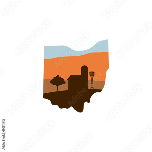 Ohio State Shape with Farm at Sunset w Windmill, Barn, and a Tree photo