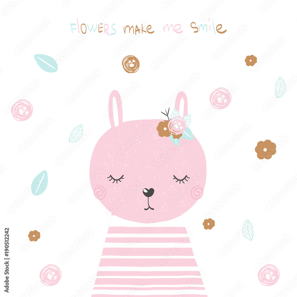 Cute pink bunny with flowers. Vector hand drawn illustration. Cute pink bunny with flowers. Vector hand drawn illustration.