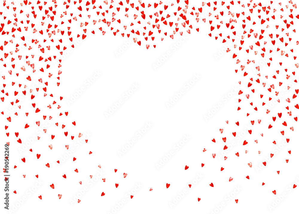 
Valentines day border with red glitter hearts. February 14th day. Vector confetti for valentines day border template. Grunge hand drawn texture. Love theme for party invite, retail offer and ad.