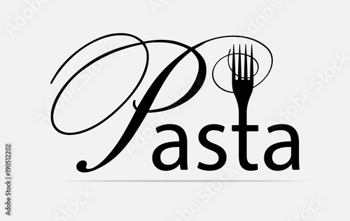 Pasta, spaghetti icon or logo with stylized caption pasta and shape of fork. Vector illustration isolated on a white background.