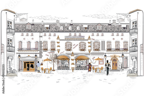 Series of street views in the old city. Hand drawn vector architectural background with historic buildings.