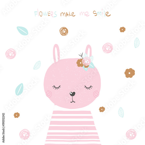 Cute pink bunny with flowers. Vector hand drawn illustration.