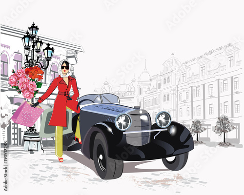 Fashion girl in a hat and in  a coat  shopping in the street of the old city. Retro car. Hand drawn vector architectural background with historic buildings.
