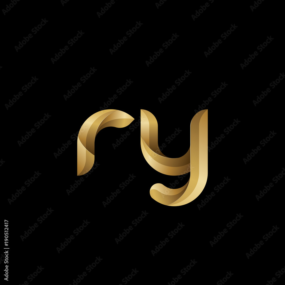 Initial lowercase letter ry, swirl curve rounded logo, elegant golden color on black background - obrazy, fototapety, plakaty 