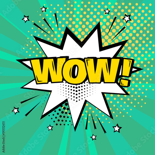 White comic bubble with yellow WOW word on green background. Comic sound effects in pop art style. Vector illustration.