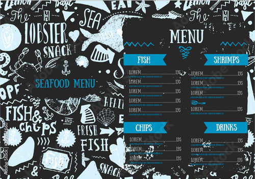 Seafood menu with sketch fish and lettering. Identity for restaurant and cafe. Hand drawn Design template with hand-drawn illustrations on dark chalkboard