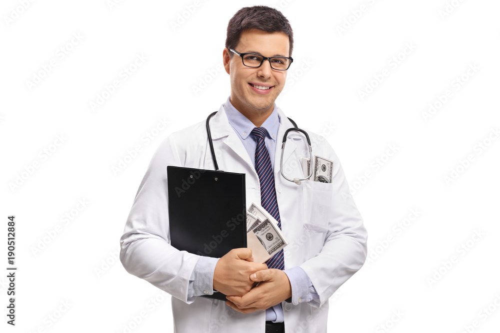 Doctor with a clipboard and money bundles Doctor with a clipboard and money bundles