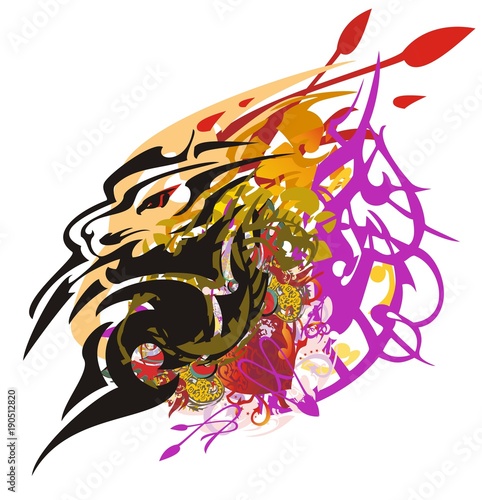Fototapeta Naklejka Na Ścianę i Meble -  Lion head symbol colorful splashes. Grunge aggressive lion head against the background of color decorative elements, arrows and red heart, prevailing tone orange and violet