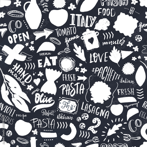 Italian pasta Seamless pattern with shapes of Spaghetti, olive oil and hand drawn lettering. Template for modern menu and wrapping, food track identity