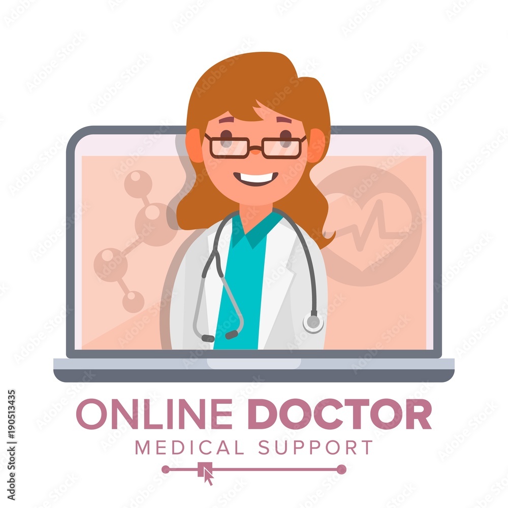 Online Doctor Woman Vector. Medical Consultation Concept Design. Female Look Out Laptop. Online Medicine Support. Isolated Flat Illustration Online Doctor Woman Vector. Medical Consultation Concept Design. Female Look Out Laptop. Online Medicine Support. Isolated Flat Illustration