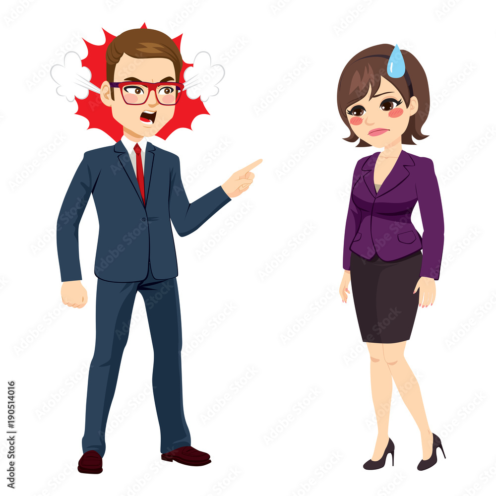 Angry businessman with pointing finger firing and yelling to young sad businesswoman standing Angry businessman with pointing finger firing and yelling to young sad businesswoman standing