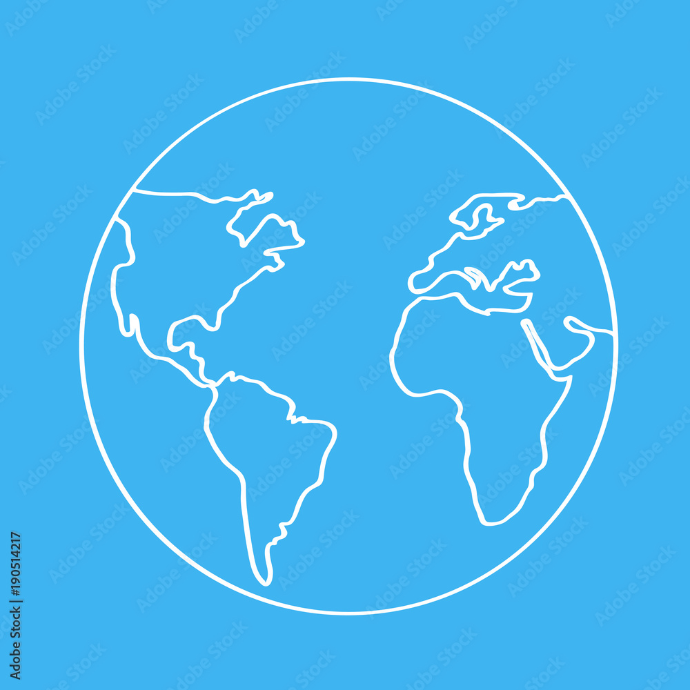 Globe icon. World icon, white line earth icon on blue background
