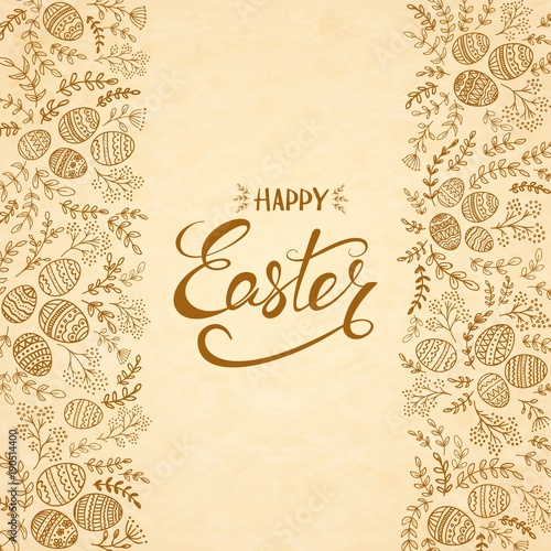 Text Happy Easter with eggs and floral elements