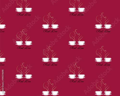 Seamless pattern with steaming silhouettes of ypong couple boy and girl in love over coffee cup on dark red background. Text Real Love. EPS 10 Vector illustration