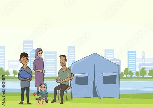 Family homeless or refugees, a man and a woman with children in the big city. Tent camp of refugees. Vector illustration with copy space.